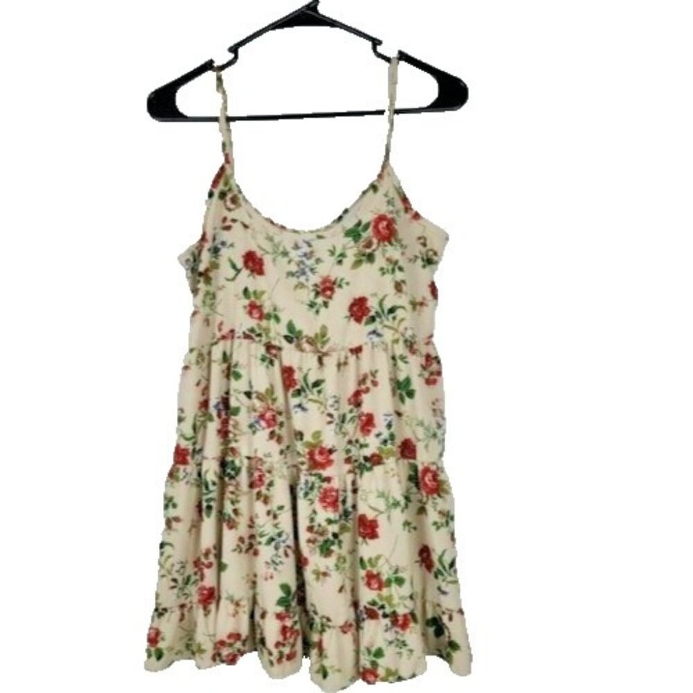 TOBI Womens‎ BOHO Babydoll Tank Top Small Beige Floral Tired Open Back Tunic